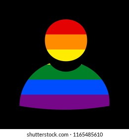 User sign illustration. Vector. Icon with colors of LGBT flag at black background.