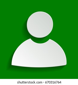 User sign illustration. Vector. Paper whitish icon with soft shadow on green background.