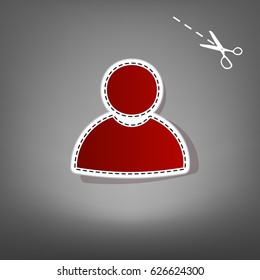 User sign illustration. Vector. Red icon with for applique from paper with shadow on gray background with scissors.
