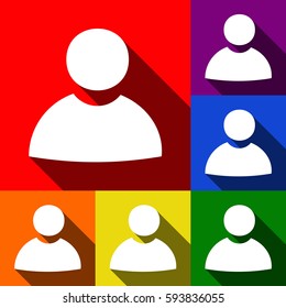 User sign illustration. Vector. Set of icons with flat shadows at red, orange, yellow, green, blue and violet background.