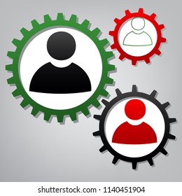 User sign illustration. Vector. Three connected gears with icons at grayish background.