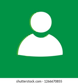 User sign illustration. Vector. White flat icon with yellow striped shadow at green background.
