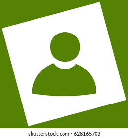 User sign illustration. Vector. White icon obtained as a result of subtraction rotated square and path. Avocado background.