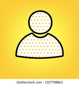 User sign illustration. Vector. Yellow polka dot white icon with black contour at warm yellow background.