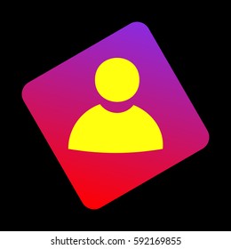 User sign illustration. Vector. Yellow icon at violet-red gradient square with rounded corners rotated for dynamics on black background.