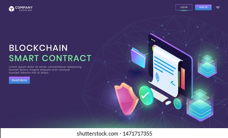 User sign up online money transaction form on computer with security analyst contract data for Blockchain or Smart Contract landing page design.