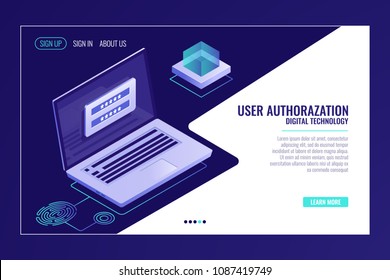 User sign up or sign in page, feedback, laptop with authorization form, web page template banner isometric vector