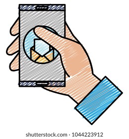 user with smartphone device and envelope
