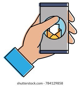 user with smartphone device and envelope