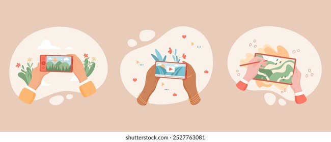 User with smartphone in hand, using media application on screen. Concept of digital technology, communication, social interaction. Flat design, suitable for online platforms and media.
