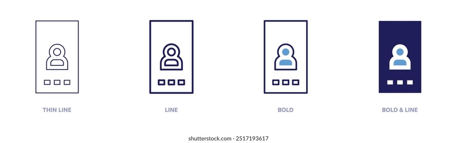 Icono de teléfono inteligente del usuario en 4 estilos diferentes. Línea delgada, línea, negrita y línea negrita. Estilo duotono. Trazo editable.