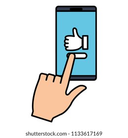 user with smartphone sending like