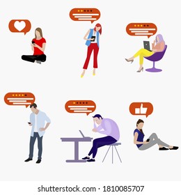 Los usuarios de los medios sociales dejan la revisión y evaluación de los comentarios. Encuesta y clasificación de hombres y mujeres que escriben. Comentario ilustrativo en Internet del cliente sobre la aplicación o la experiencia