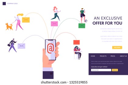 User Social Network Chatting Concept Landing Page. Running Digital Promotion Campaign, Direct Delivering Advertising from Smartphone Website or Web Page. Flat Cartoon Vector Illustration.