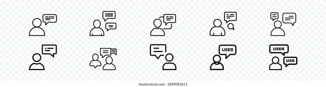 User with speech bubble icon, teamwork icon like virtual webinar or chatroom, User Comments line icon, User and two speech bubbles with text