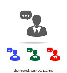 User and speech bubble, person talking icon. Elements of human resource in multi colored icons. Business, human resource sign. Looking for talent. Search man vector icon on white background