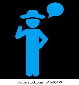 User Speech vector icon. Style is flat symbol, blue color, rounded angles, black background.