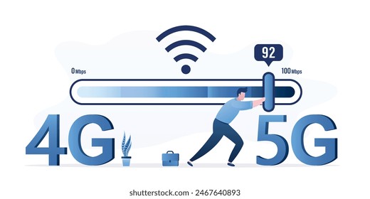 User speeds up wireless internet. Switching from 4g to fast 5g technology. Engineer moves slider on measuring scale. Wi-fi signal quality improvements, optimization. Tariff plan with fast internet.