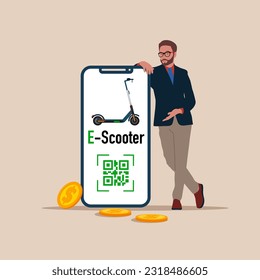 User standing near big smartphone with Electro scooter and QR code icon. Modern vector illustration in flat style