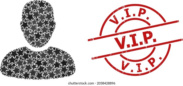 User star mosaic and grunge V.I.P. badge. Red seal with grunge texture and V.I.P. slogan inside circle. Abstract user mosaic is done from random flat star icons.