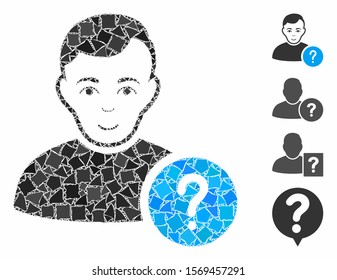 User status icon composition of rugged pieces in different sizes and color tones, based on user status icon. Vector inequal pieces are organized into mosaic.