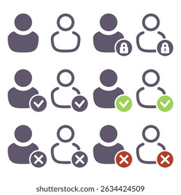 User status icons set. Simple silhouettes representing standard access, restricted access, active and inactive users. Vector icons isolated on a white background