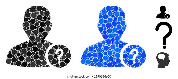 User status mosaic of circle elements in various sizes and shades, based on user status icon. Vector circle elements are grouped into blue composition.