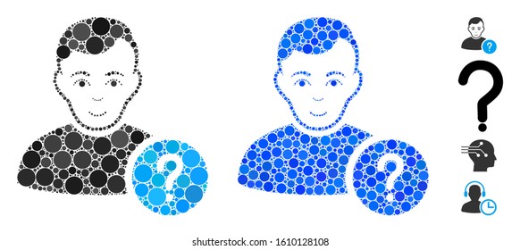 User status mosaic of filled circles in various sizes and color tones, based on user status icon. Vector small circles are grouped into blue composition.