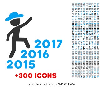 User Steps Years vector pictogram with additional 300 date and time management icons. Style is bicolor flat symbols, blue and gray colors, rounded angles, white background.
