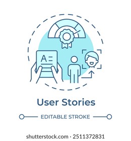 Icono de concepto de historias de usuario. Revisión de Comentarios, metodología ágil. Metodología de desarrollo. Ilustración de línea de forma redonda. Abstractas idea. Diseño gráfico. Fácil de usar en infografía, presentación