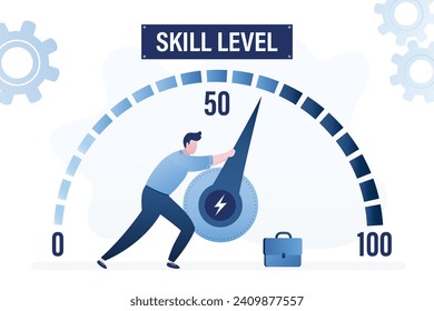 User or student pulls big arrow on measuring scale. Skill levels growth. Increasing skills level. Businessman pushing progress bar up to maximum position. Education process, skills improvement. vector