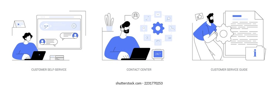 User support abstract concept vector illustration set. Customer self-service, contact center, customer service guide, online assistance, relationship management, training manual abstract metaphor.