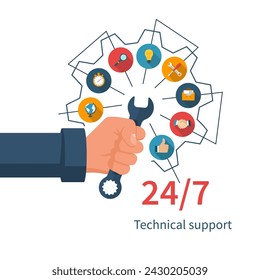 Soporte al usuario y protección de datos. Atención al cliente. Centro de llamadas del operador y un icono de conjunto de servicios. Ilustración abstracta del vector de un diseño plano. Diseño plano de ilustración vectorial. 