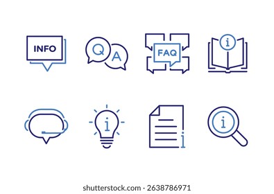 User support and info icon set. Thin line editable stroke icons for help center, faq, customer assistance, knowledge base, guidance, contact, answers, and information access