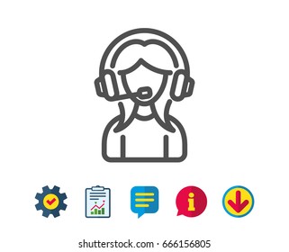 User Support line icon. Female Profile sign. Woman Person silhouette symbol. Report, Service and Information line signs. Download, Speech bubble icons. Editable stroke. Vector
