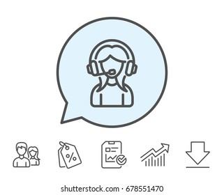 User Support line icon. Female Profile sign. Woman Person silhouette symbol. Report, Sale Coupons and Chart line signs. Download, Group icons. Editable stroke. Vector