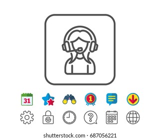 User Support line icon. Female Profile sign. Woman Person silhouette symbol. Calendar, Globe and Chat line signs. Binoculars, Award and Download icons. Editable stroke. Vector