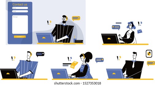 User Support Service or Call Center. Contact us. Flat design business people concept. Vector illustration concept for web banner, business presentation.