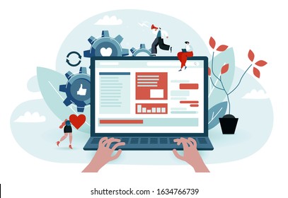 User surfs the internet, reads the news portal. Hands are typing on a laptop. Little characters help to find information. Blue and red colored vector illustration EPS 10 isolated on white