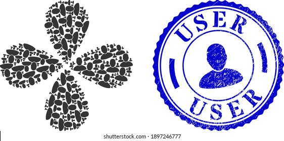 User swirl flower with four petals, and blue round USER rubber watermark with icon inside. Element cluster created from oriented user items. Vector flower collage in flat style.