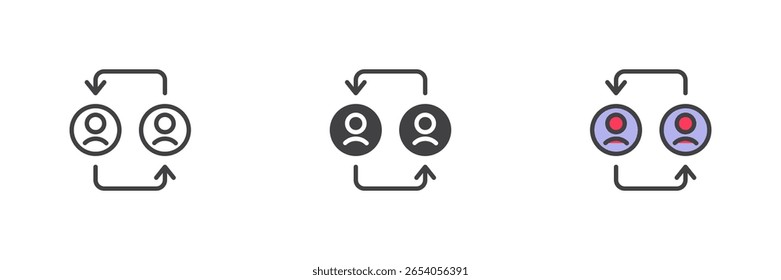 User switch icon in different styles. Line, solid and filled outline vector icon. Profile change, user swap sign, account toggle symbol. Vector people icon.