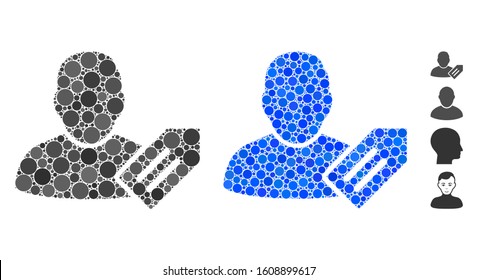 User tag composition of circle elements in different sizes and shades, based on user tag icon. Vector circle elements are grouped into blue composition.