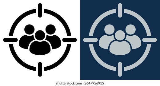 Benutzerzielsymbol mit einer Gruppe von Personen in einem Fadenkreuz. Kundenzielgruppenidentifizierung, Marketing-Segmentierung, Fokusgruppen- oder CRM-Konzept. Flaches Vektorsymbol in Schwarz und Blau.