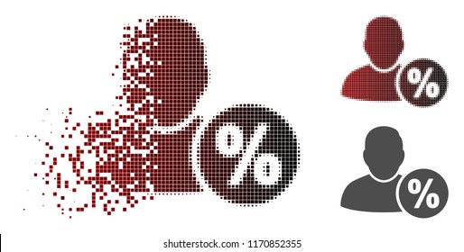User tax percent icon in sparkle, pixelated halftone and undamaged whole versions. Elements are grouped into vector sparkle user tax percent figure.