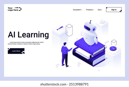 User teaching robot on book pile. AI Learning landing page isometric template. Machine algorithms work improving with human interaction creative 3d vector illustration for web page