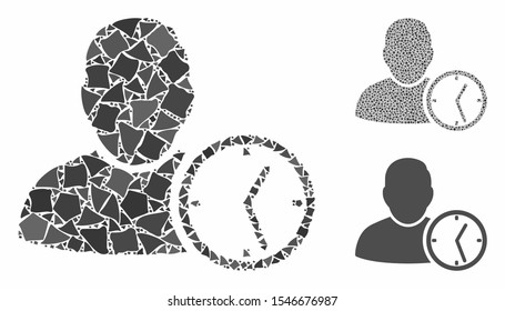 User temporary clock composition of ragged parts in variable sizes and shades, based on user temporary clock icon. Vector joggly parts are grouped into collage.