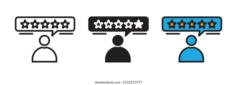 User Testimonial Icon. Single person silhouette with a five-star speech bubble, suitable for individual client reviews, personal feedback, and digital consumer experience design.