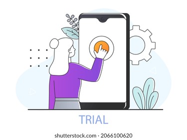 Concepto de prueba de usuario. Mujer parada frente al smartphone y comprueba la calidad de la aplicación. Optimización del programa y corrección de errores. Fases de creación de aplicaciones. Dibujo vectorial plano de dibujos animados