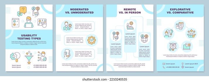 User testing types blue brochure template. UX research methods. Leaflet design with linear icons. Editable 4 vector layouts for presentation, annual reports. Arial-Black, Myriad Pro-Regular fonts used