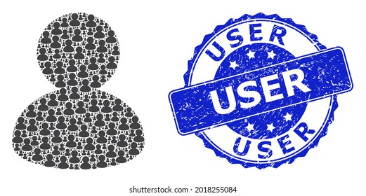 User textured round stamp seal and vector recursive mosaic user. Blue stamp seal includes User caption inside round shape. Vector mosaic is organized with repeating user icons.